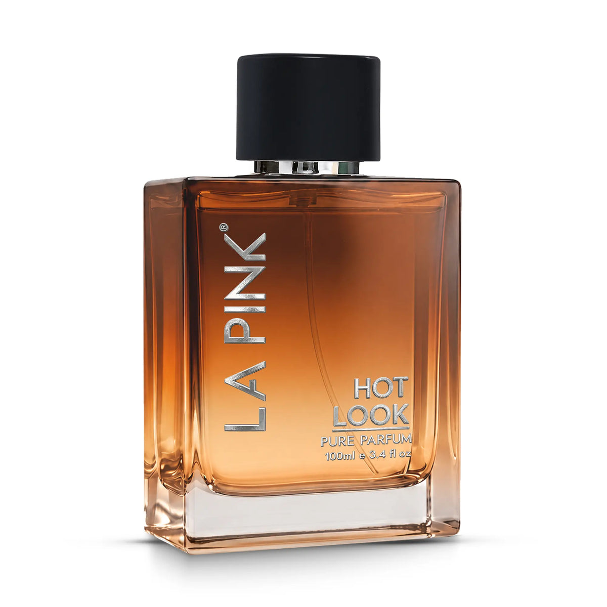LA PINK Hot Look Pure Parfum bottle, 100ml, featuring a square amber glass bottle with a black cap and silver lettering, on a white background.

