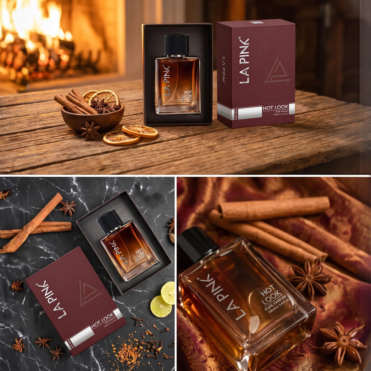 A fragrance product shown in three styled product photos: a rectangular amber bottle in an open black box beside a burgundy LA PINK box on a wooden surface, a matching bottle and box on a dark marble surface with cinnamon sticks and star anise, and a close-up of the bottle on rich burgundy fabric with cinnamon and star anise props. The bottle label reads LA PINK and HOT LOOK.

