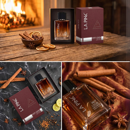 A fragrance product shown in three styled product photos: a rectangular amber bottle in an open black box beside a burgundy LA PINK box on a wooden surface, a matching bottle and box on a dark marble surface with cinnamon sticks and star anise, and a close-up of the bottle on rich burgundy fabric with cinnamon and star anise props. The bottle label reads LA PINK and HOT LOOK.


