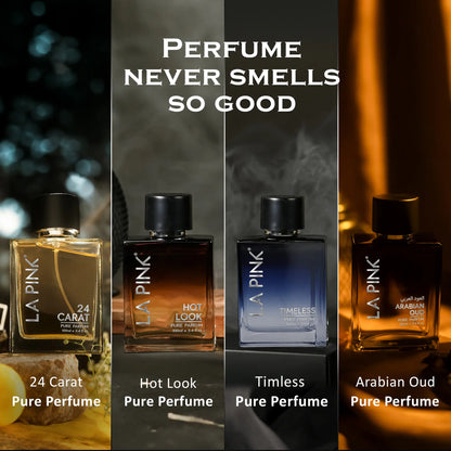 Four LA PINK perfume bottles shown in a promotional collage with the text &